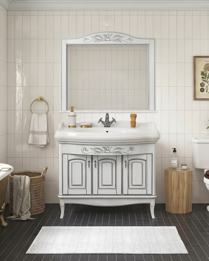 Set mobilier de baie pe pardoseală + oglindă Mikella, Alb+Crom