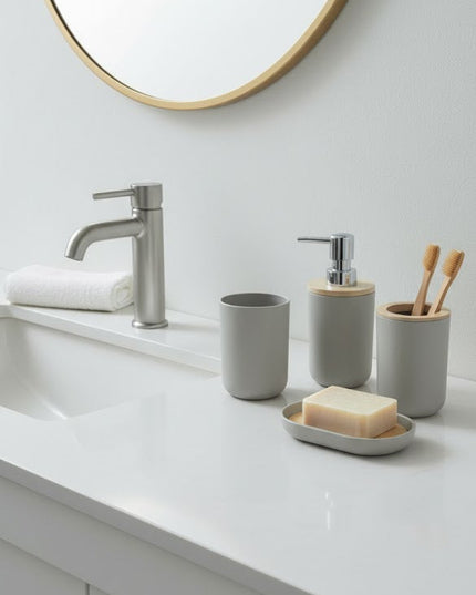 Set accesorii baie, cu accente lemnoase, SANITARY, 6 piese, bej-gri deschis mat