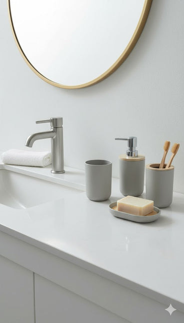 Set accesorii baie, cu accente lemnoase, SANITARY, 6 piese, bej-gri deschis mat