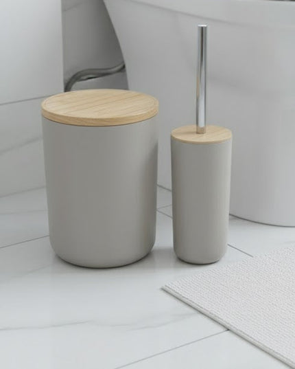 Set accesorii baie, cu accente lemnoase, SANITARY, 6 piese, bej-gri deschis mat