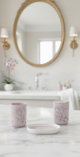 Set accesorii baie roz pastel cu flori, SANITARY – 6 piese, design floral elegant