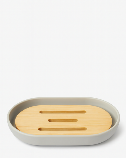 Set accesorii baie, cu accente lemnoase, SANITARY, 6 piese, bej-gri deschis mat