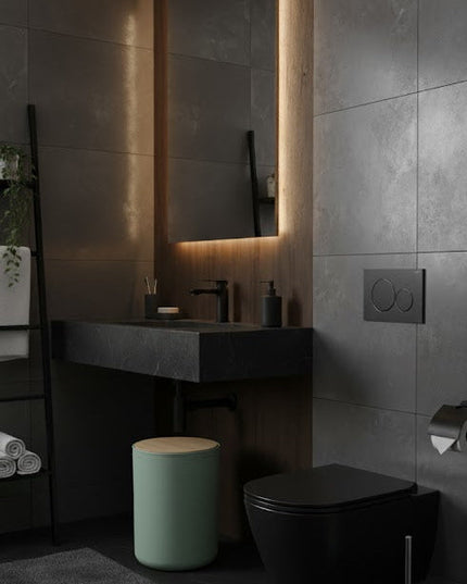 Set accesorii baie, cu accente lemnoase, SANITARY, 6 piese, menta cu detalii bej