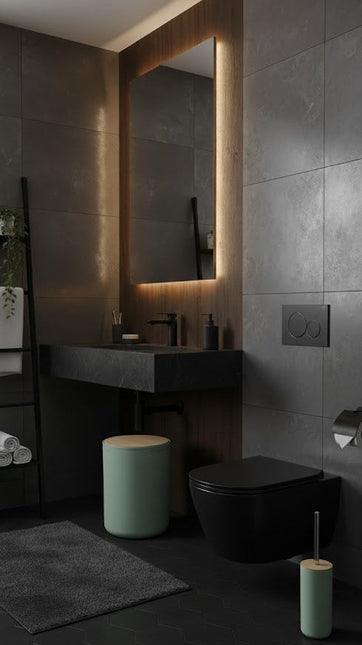 Set accesorii baie, cu accente lemnoase, SANITARY, 6 piese, menta cu detalii bej