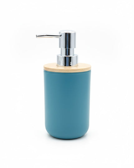 Set accesorii baie, cu accente lemnoase, SANITARY, 6 piese, turcoaz cu detalii bej deschis