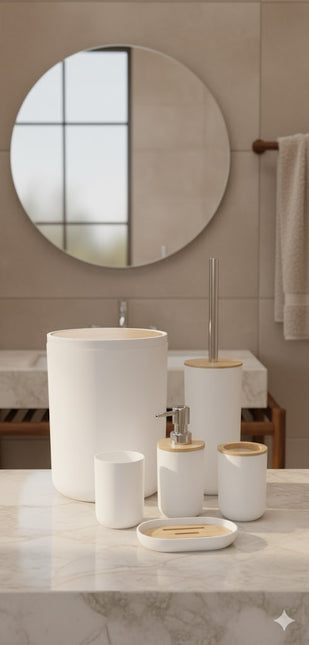 Set accesorii baie, cu accente lemnoase, SANITARY, 6 piese, alb cu detalii bej