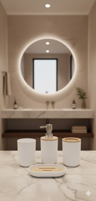 Set accesorii baie, cu accente lemnoase, SANITARY, 6 piese, alb cu detalii bej