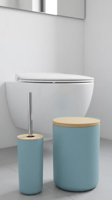 Set accesorii baie, cu accente lemnoase, SANITARY, 6 piese, albastru pastel deschis cu detalii bej