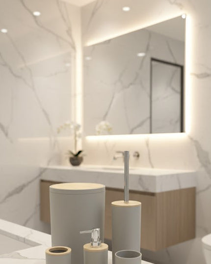 Set accesorii baie, cu accente lemnoase, SANITARY, 6 piese, bej-gri deschis mat