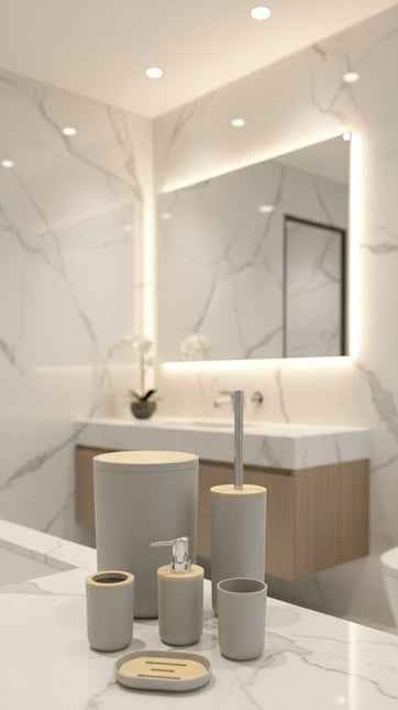 Set accesorii baie, cu accente lemnoase, SANITARY, 6 piese, bej-gri deschis mat