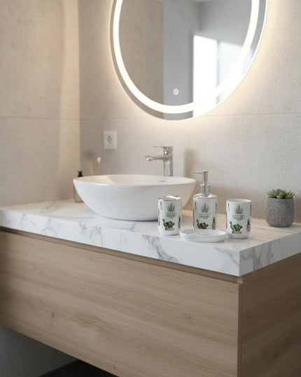 Set accesorii baie alb "Nature Botanical Mood", SANITARY – 6 piese, cu design cactus
