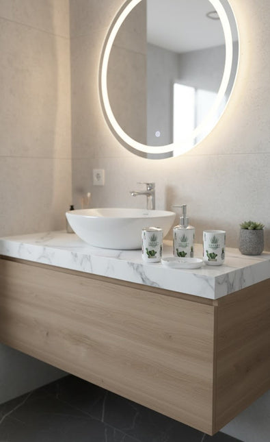 Set accesorii baie alb "Nature Botanical Mood", SANITARY – 6 piese, cu design cactus