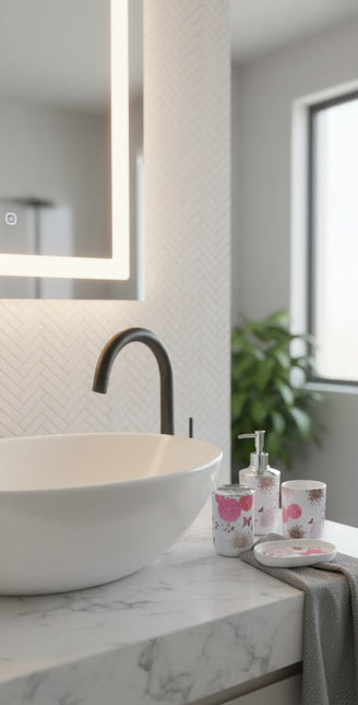 Set accesorii baie alb "Floral Harmony", SANITARY – 6 piese, cu imprimeu floral roz