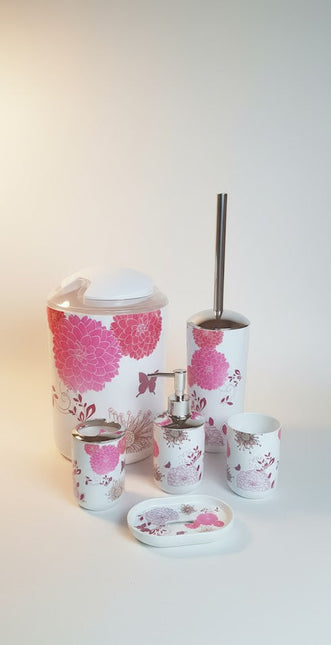 Set accesorii baie alb "Floral Harmony", SANITARY – 6 piese, cu imprimeu floral roz