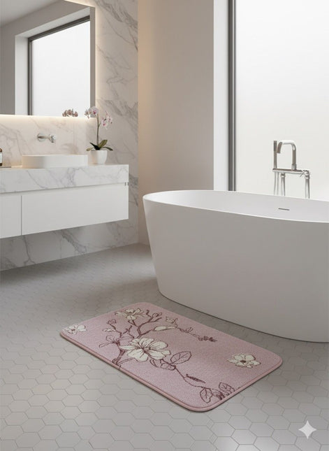 Covoras baie, SANITARY, imitatie casmir, 40x60 cm, roz cu model floral, Dreptunghiular