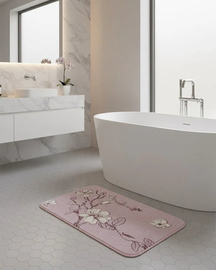 Covoraș baie absorbant, imitație cașmir, strat antiderapant, 40×60 cm, model floral Sakura