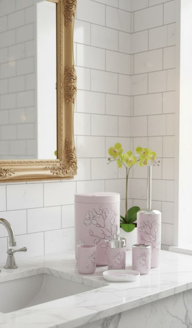Set accesorii baie roz pastel cu flori, SANITARY – 6 piese, design floral elegant