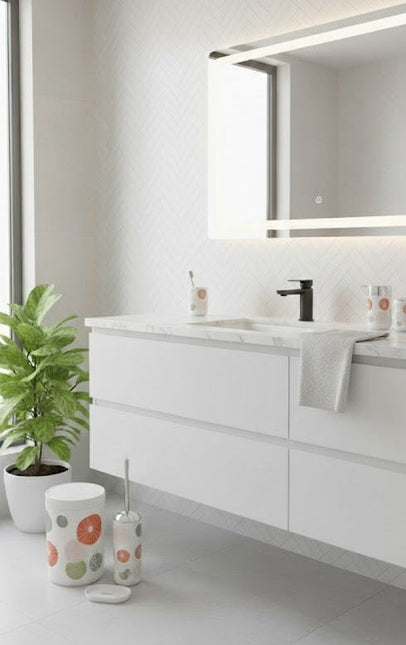 Set accesorii baie alb cu cercuri decorative, SANITARY – 6 piese, cu design geometric modern