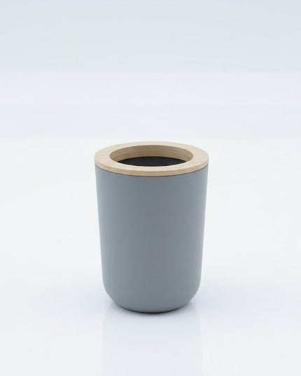 Set accesorii baie, cu accente lemnoase, SANITARY, 6 piese, gri cu detalii bej