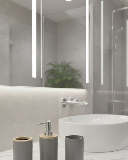 Set accesorii baie, cu accente lemnoase, SANITARY, 6 piese, gri cu detalii bej