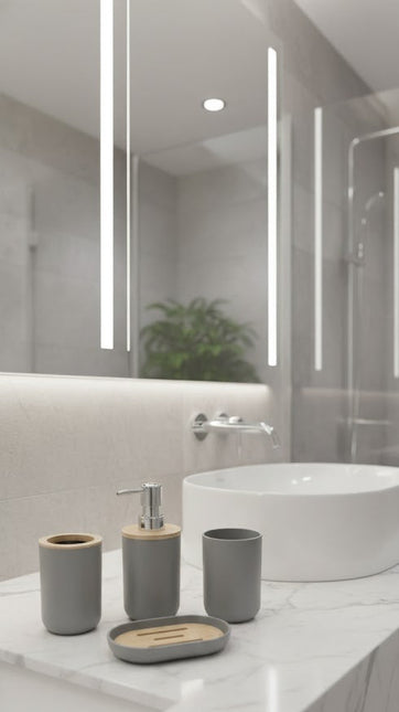 Set accesorii baie, cu accente lemnoase, SANITARY, 6 piese, gri cu detalii bej