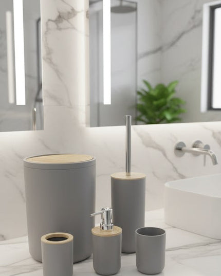 Set accesorii baie, cu accente lemnoase, SANITARY, 6 piese, gri cu detalii bej