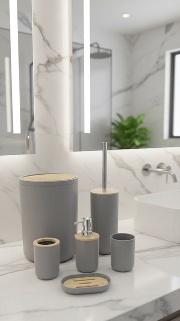 Set accesorii baie, cu accente lemnoase, SANITARY, 6 piese, gri cu detalii bej