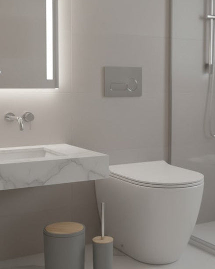 Set accesorii baie, cu accente lemnoase, SANITARY, 6 piese, gri cu detalii bej