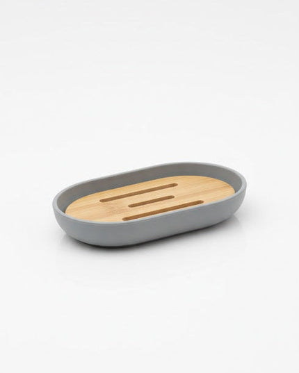 Set accesorii baie, cu accente lemnoase, SANITARY, 6 piese, gri cu detalii bej