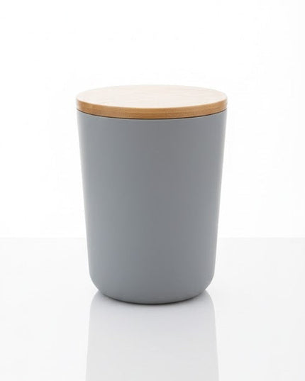 Set accesorii baie, cu accente lemnoase, SANITARY, 6 piese, gri cu detalii bej