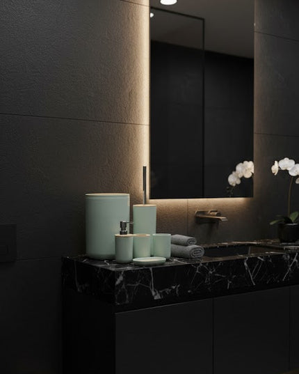 Set accesorii baie, cu accente lemnoase, SANITARY, 6 piese, menta cu detalii bej