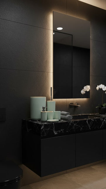 Set accesorii baie, cu accente lemnoase, SANITARY, 6 piese, menta cu detalii bej