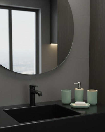 Set accesorii baie, cu accente lemnoase, SANITARY, 6 piese, menta cu detalii bej