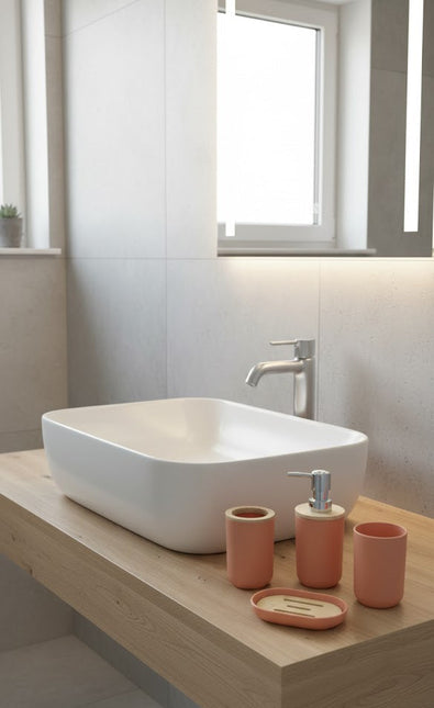 Set accesorii baie, cu accente lemnoase, SANITARY, 6 piese, somon cu detalii bej