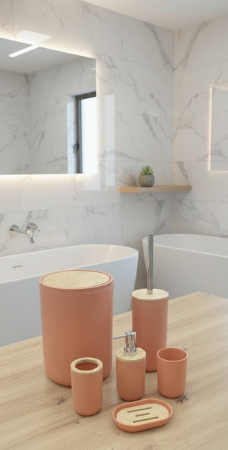 Set accesorii baie, cu accente lemnoase, SANITARY, 6 piese, somon cu detalii bej