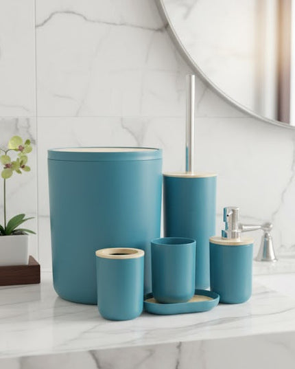 Set accesorii baie, cu accente lemnoase, SANITARY, 6 piese, turcoaz cu detalii bej deschis