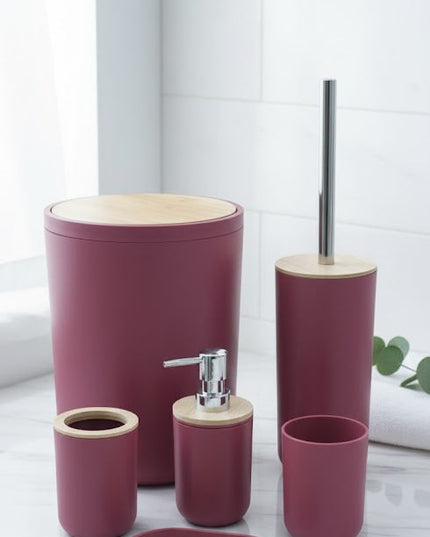 Set accesorii baie, cu accente lemnoase, SANITARY, 6 piese, visiniu inchis cu detalii bej