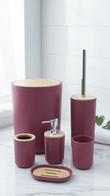 Set accesorii baie, cu accente lemnoase, SANITARY, 6 piese, visiniu inchis cu detalii bej