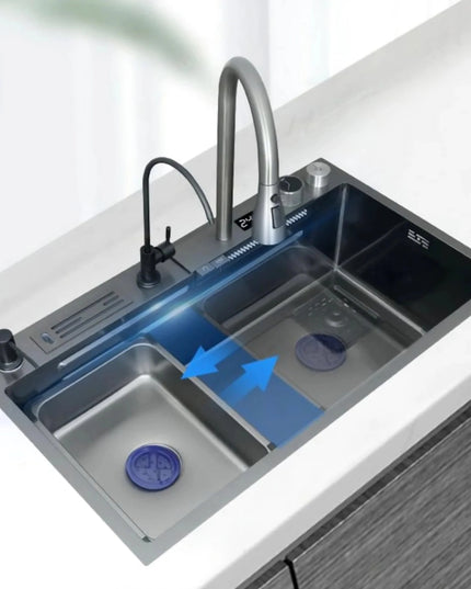 Chiuvetă Bucătărie Multifuncțională 7546HMSF – Gri Gun Metal, Cu Tocător, Dozator și Afișaj Digital