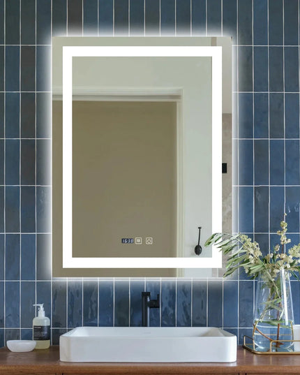 Oglinda LED Dreptunghiulara cu Ceas 90x60cm ,Trei Lumini J109