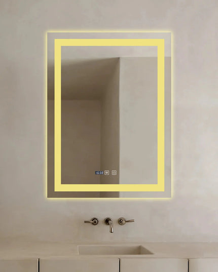 Oglinda LED Dreptunghiulara cu Ceas 90x60cm ,Trei Lumini J109