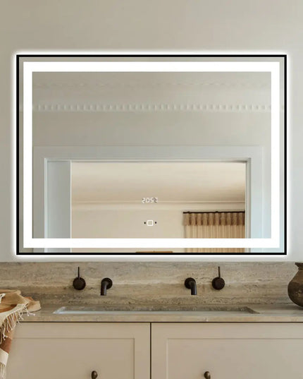 Oglinda LED 80x60cm cu Rama Neagra Touch, Senzor de Miscare si Ceas J30