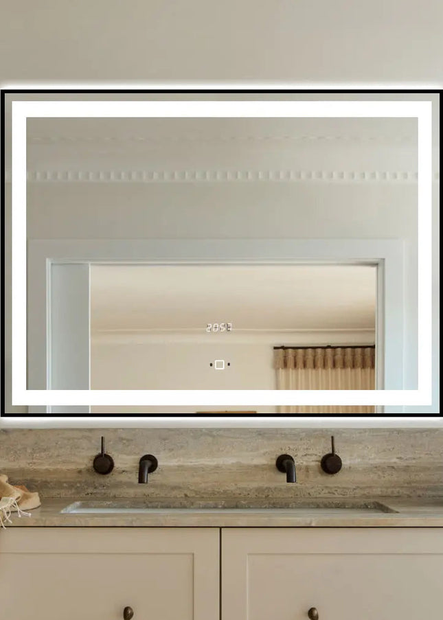 Oglinda LED 80x60cm cu Rama Neagra Touch, Senzor de Miscare si Ceas J30
