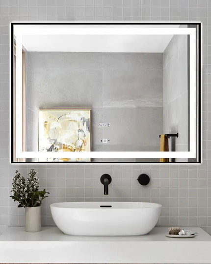 Oglinda LED 80x60cm cu Rama Neagra Touch, Senzor de Miscare si Ceas J30