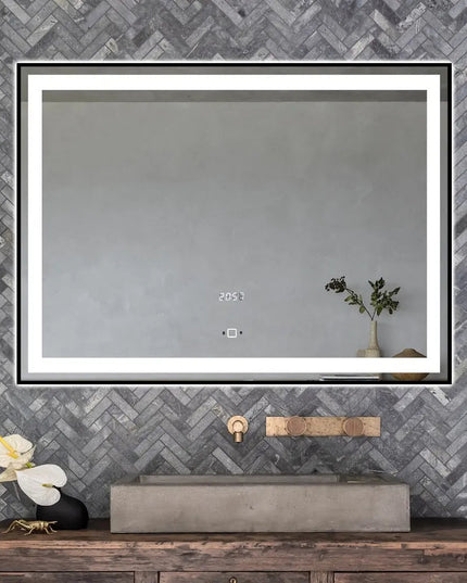 Oglinda LED 80x60cm cu Rama Neagra Touch, Senzor de Miscare si Ceas J30