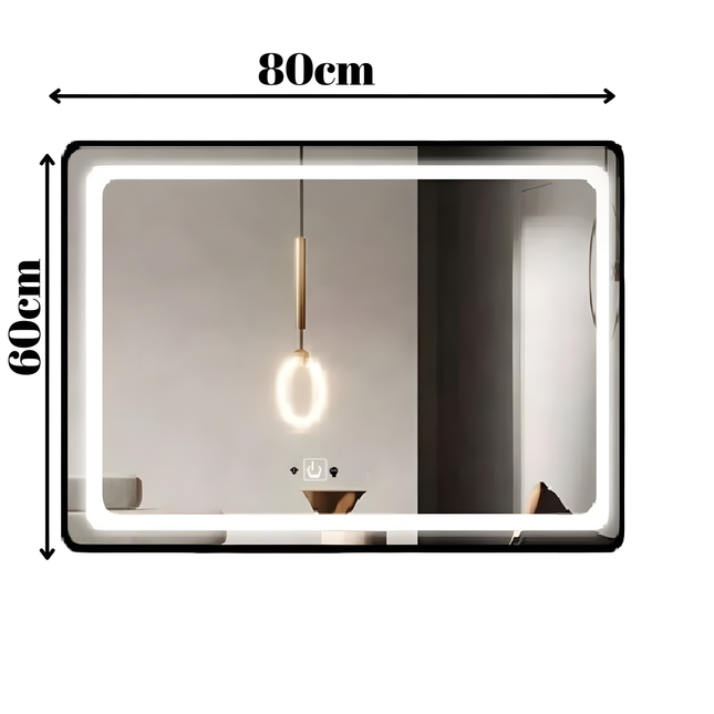 Oglinda LED Si Touch 80 X 60 Cm Cu Ceas Rama Negru Mat J130