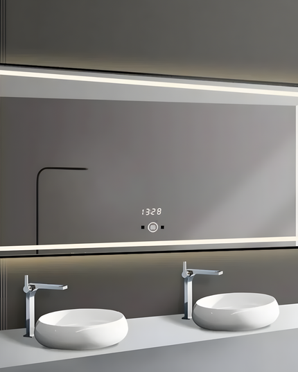 Oglinda LED Si Touch 80 X 60 Cm Cu Ceas Rama Negru Mat J130