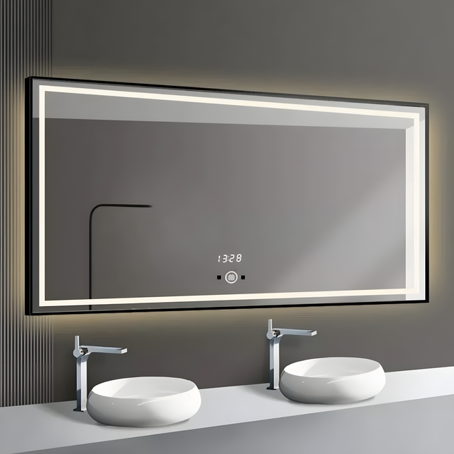 Oglinda LED Si Touch 80 X 60 Cm Cu Ceas Rama Negru Mat J130
