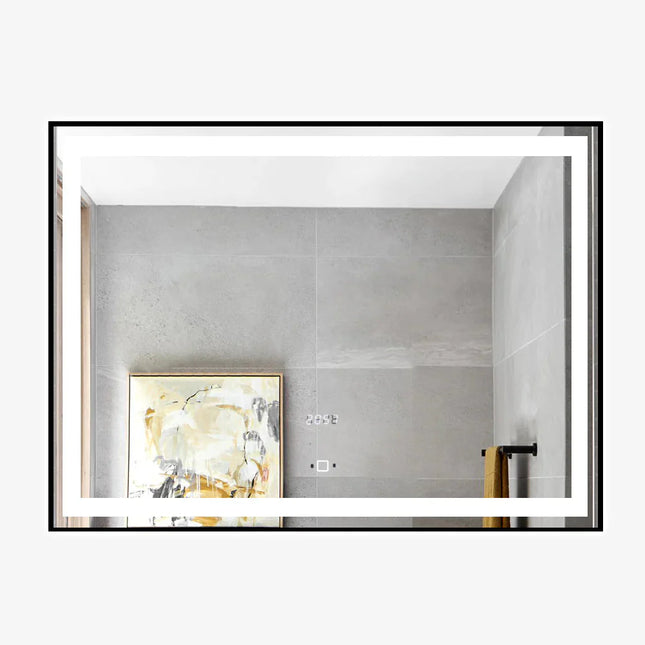 Oglinda LED Si Touch 80 X 60 Cm Cu Ceas Rama Negru Mat J130