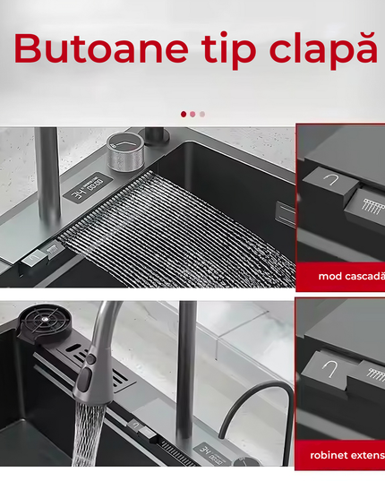 Chiuvetă Bucătărie Multifuncțională 7546HMSF – Gri Gun Metal, Cu Tocător, Dozator și Afișaj Digital